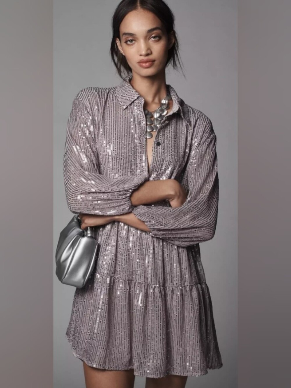 Maeve Silver Sequin Tiered Mini Dress Size XXSP